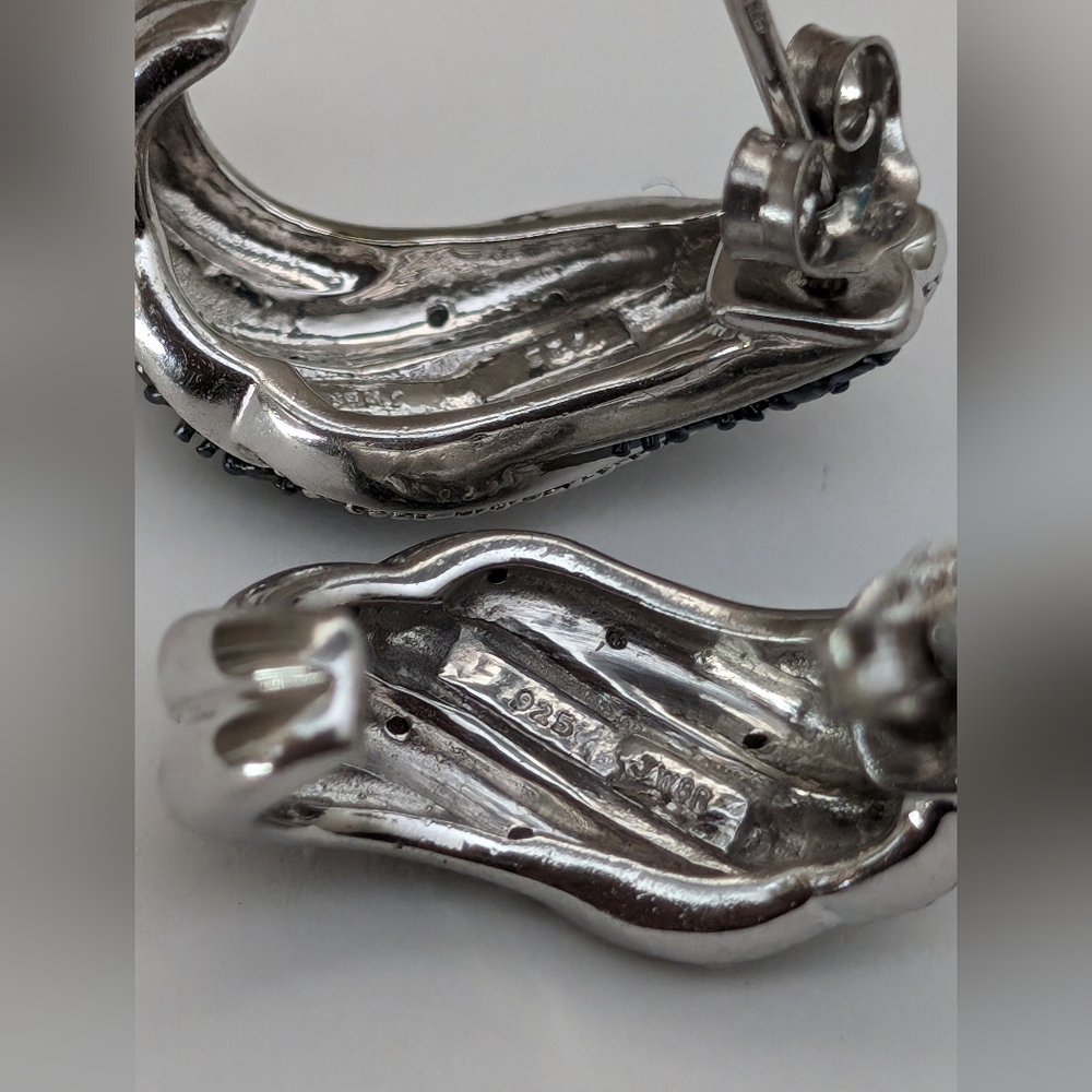 Sterling Silver Oxidized Rhodium Diamond Chip 0.8" J Hoop Earrings JWBR 925 - Picture 6 of 7